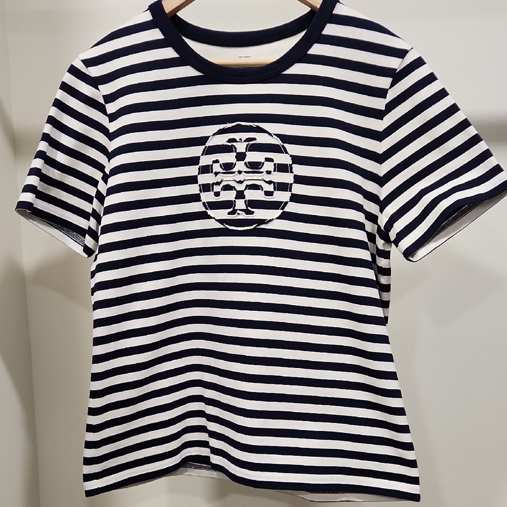 Tory Burch Navy & White Striped Short Sleeve Logo Tee